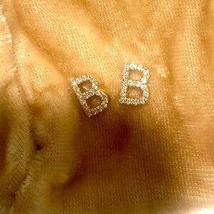 Diamond Letter Initial Stud Earrings Pair  Letter "B" 14K Solid Yellow Gold